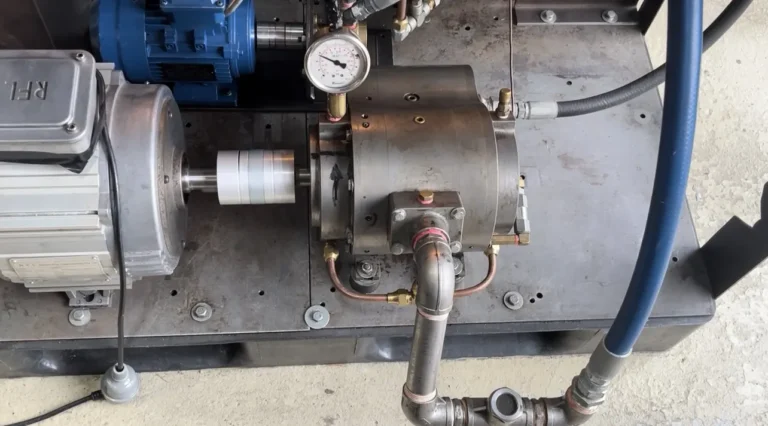 Hydraulic pump system with pressure gauge and pipes.