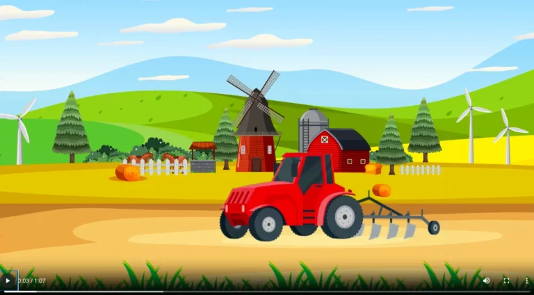Animated farm scene with tractor and wind turbines.