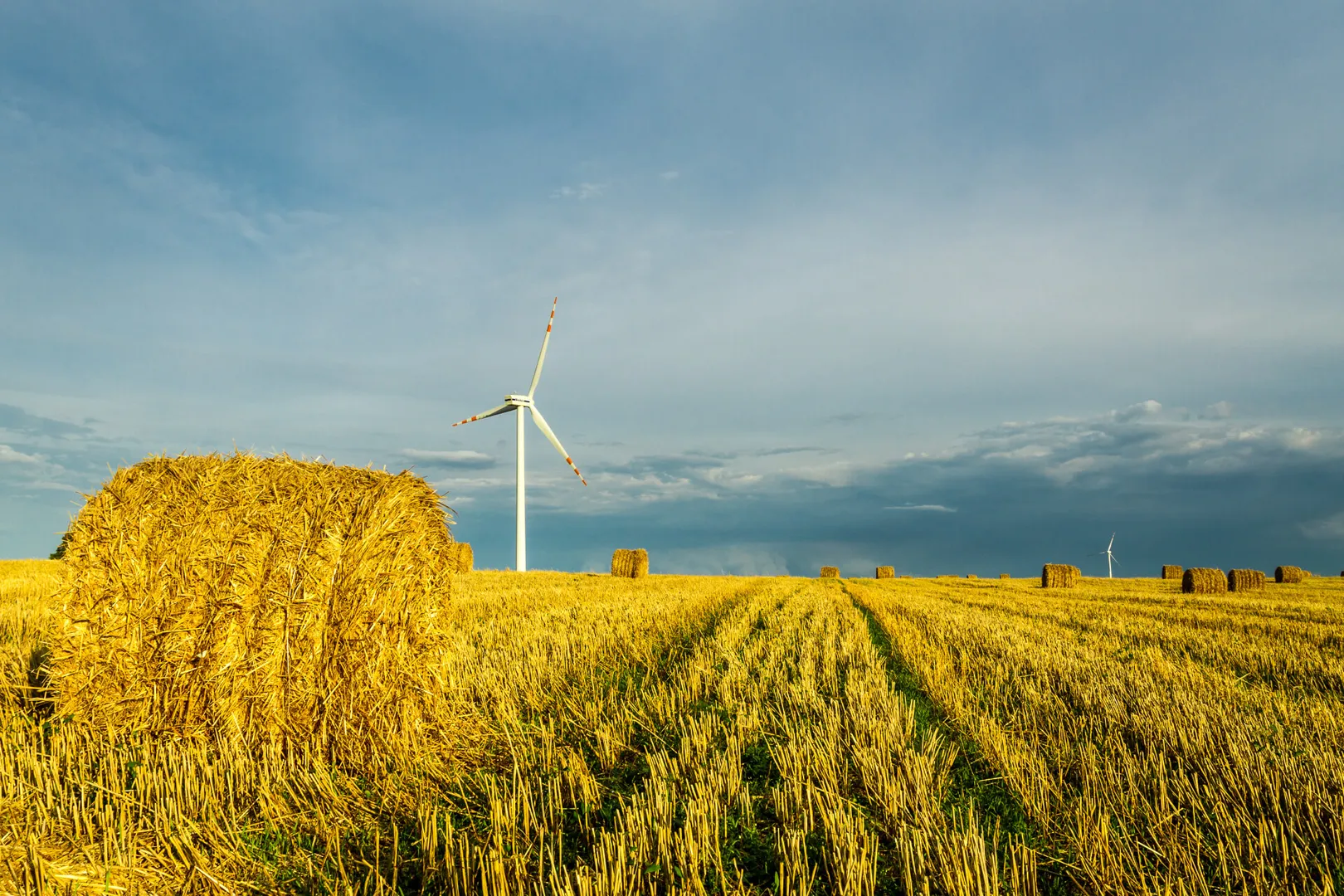 Wind turbine in a hay field under cloudy sky.